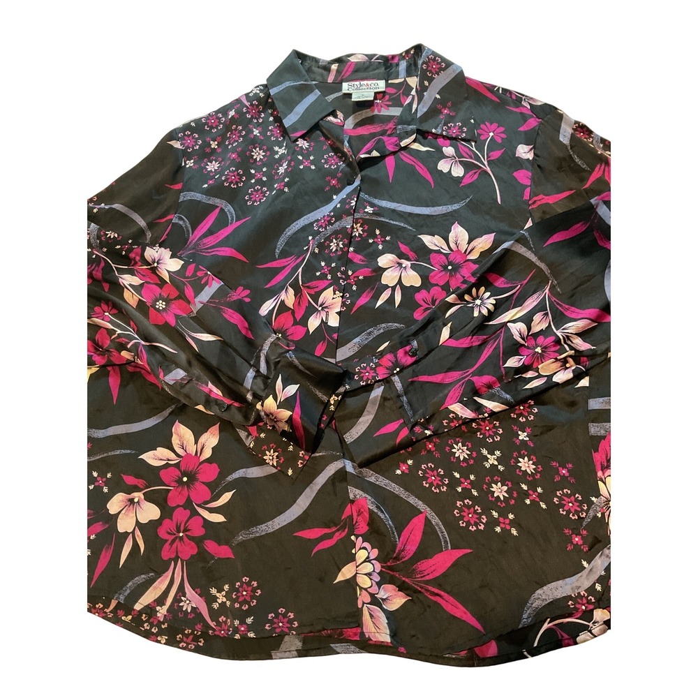 Style & Co Collection Black Floral Silk Button Down Blouse‎ Women's Size 8